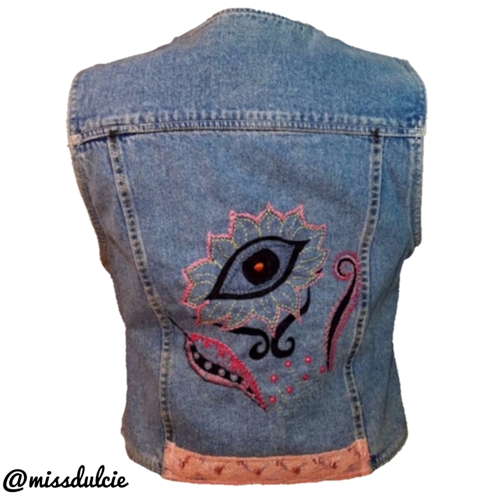 Hand Embroidered Evil Eye Denim Vest Boho Hippie - Picture 1 of 8